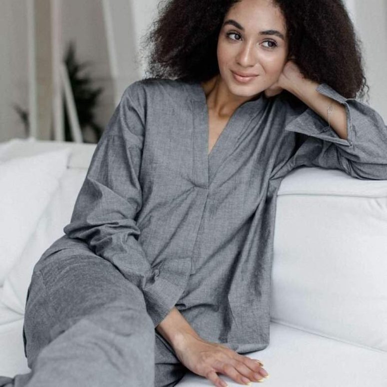 Silver Cotton Pajama Set, Women Pajama In Grey, 100% Cotton PJS, Loose Pajama Set For Her, Long Sleeve Pajama, Comfy Women's Home Clothes