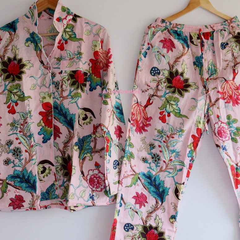 Hand Block Print Pajamas, Floral Pure Cotton Pj's, Pajamas Set ,Indian Cotton,Night Wear, Soft Cotton Night Suit,Gift for her