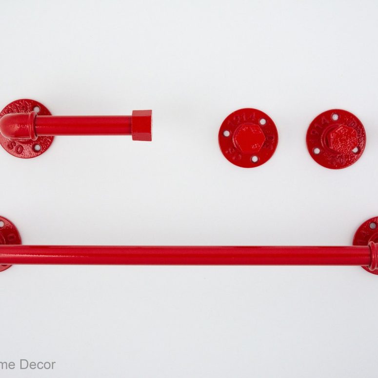 Industrial Bathroom Accessories 4pcs Set, Toilet Paper Holder, Pipe Towel Holder, Pipe Hooks, Red Gloss Bathroom Set