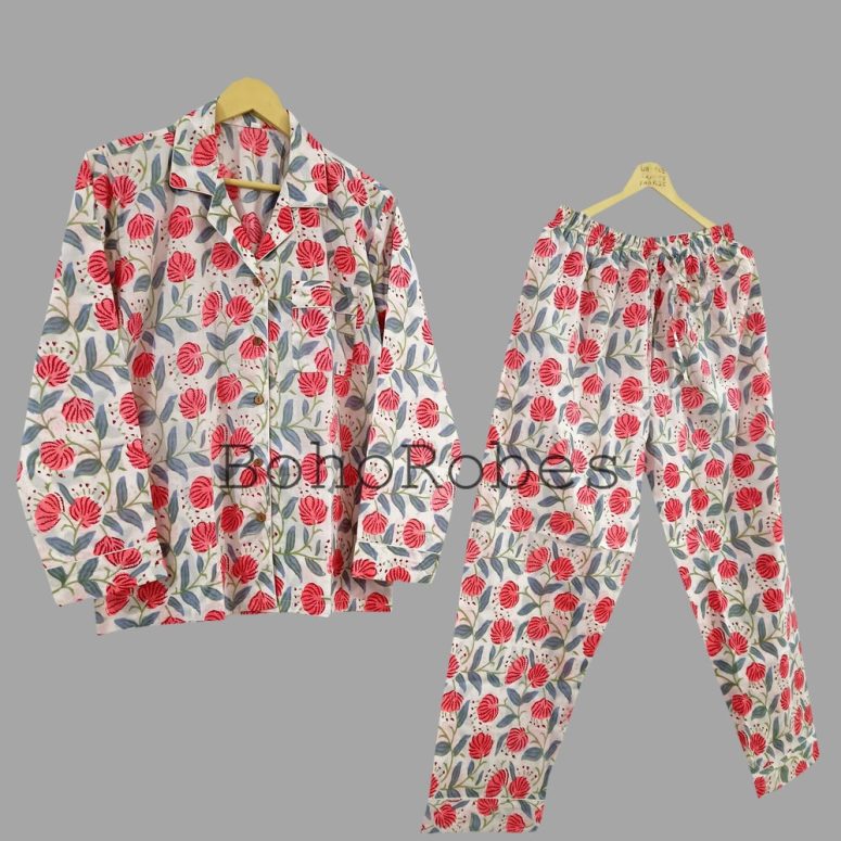 Hand Block Print Pajamas, Floral Pure Cotton Pj's, Pajamas Set ,Indian Cotton,Night Wear, Soft Cotton Night Suit,Gift for her,Bridesmaid Pjs