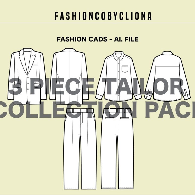Tailor Blazer Shirt Pants Pack Bundle Fashion Design Template - Flat Sketch Technical Drawing - Illustrator Ai. PDF Vector Download File