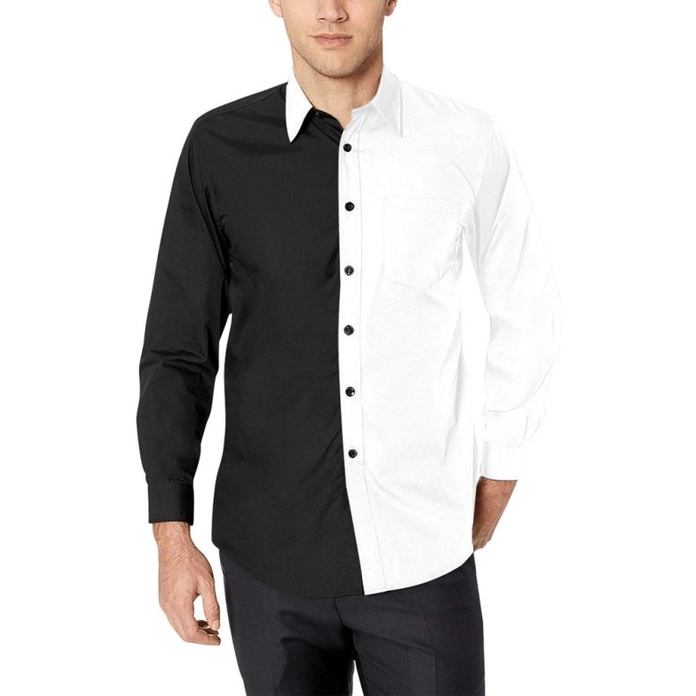 Half Black Half White Long Sleeve Men Button Up Shirt, Color Block Split Two Tone Combo Print Buttoned Collared Dress Shirt Chest Pocket