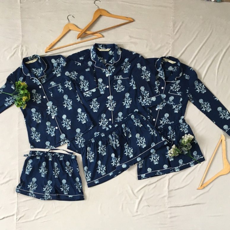 Floral Matching Cotton Pajamas Shirt short pant set for holidays or getting ready photoshoot. Daily use Pajamas. Indigo Print.