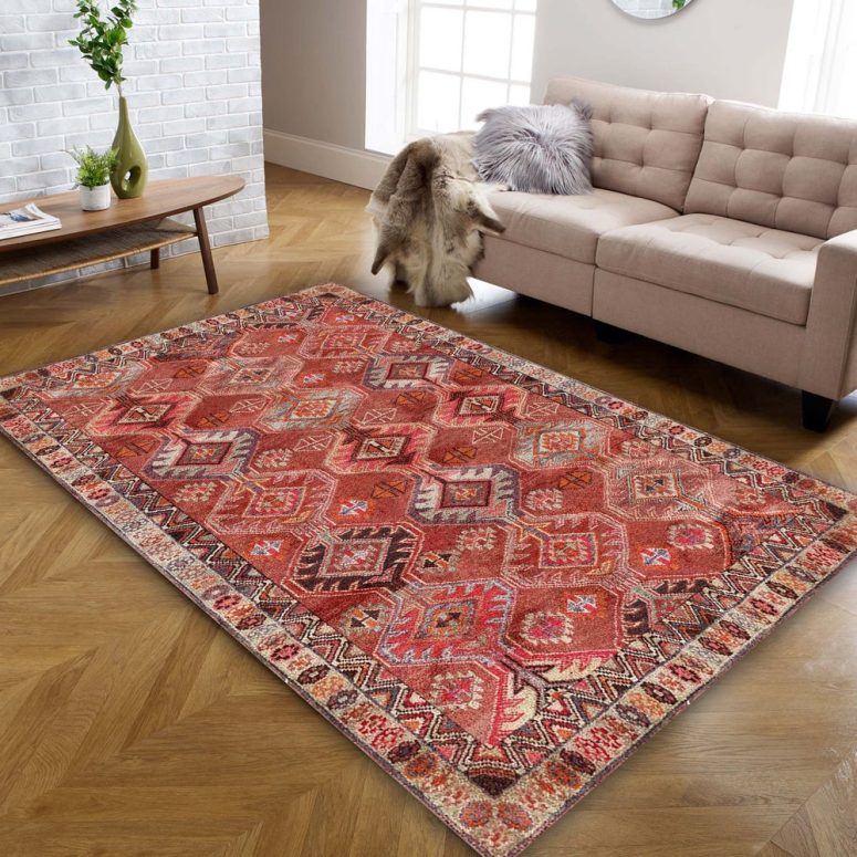 Traditional Carpet, Red Pink Area Rug, Herki Rug, Bohemian Rug, Washable Rugs for cosy living room aesthetic bedroom