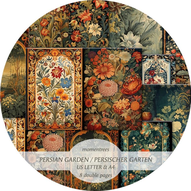 Persian garden ornaments and oriental carpets digital vintage papers old book pages scrapbooking ephemera journal kits