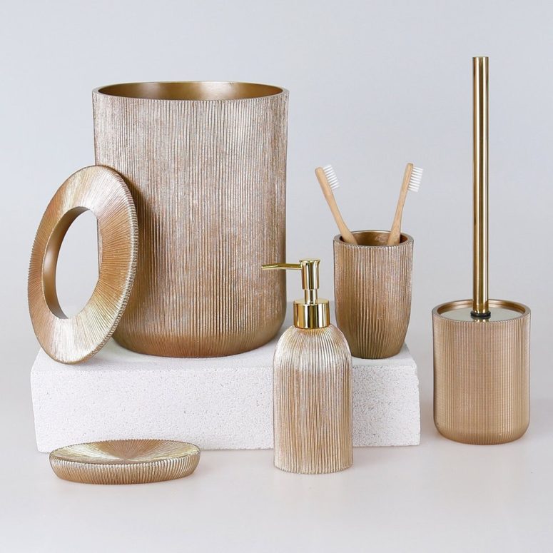 Lydia 3 or 5 Pieces Set With Dustbin, Toilet Brush, Liquid Soap Dispenser, Toothbrush Holder, Soap Tray / Unique Bath Design For Your Home