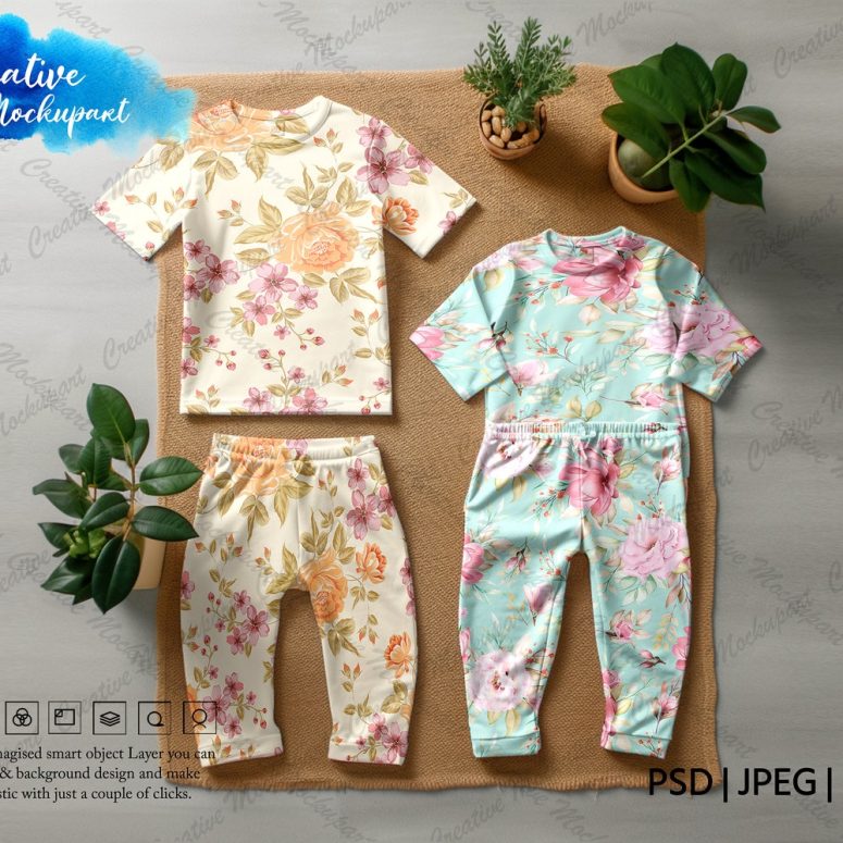 2 Children's Pajamas Set, Short Sleeve Pajama Set Mock Up, Kids Sleepwear Mock Ups | DYE Sublimation Realistic PJ Clothing Mockup in PSD Png
