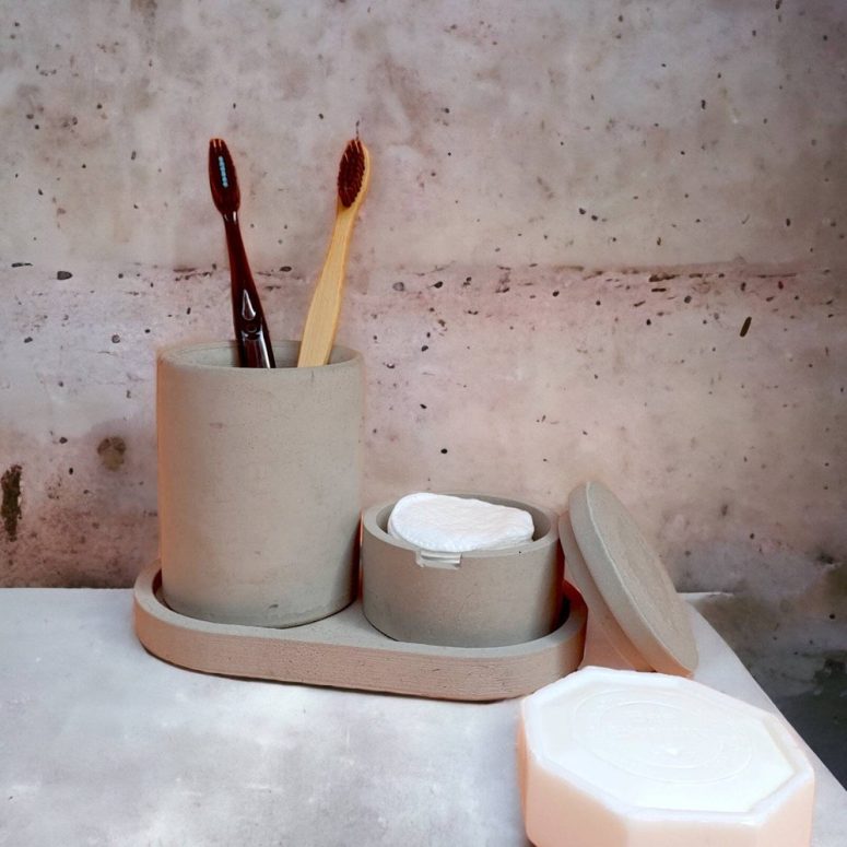Concrete Bathroom Sink Accessory Set Modern, Gray Toothbrush Holder, Cotton Pad Jar with Tray, 3 Pieces Natural Restroom Organizer Set