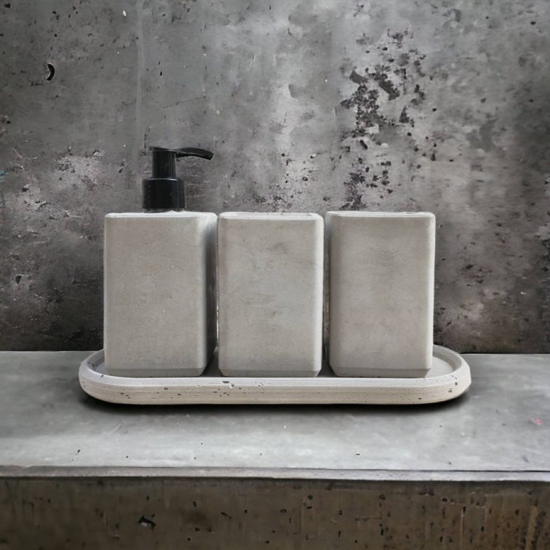 Minimal Concrete Bathroom Sink Accessory Set, Small Lotion Dispenser with Pump, Gray Toothbrush Holder with Tray, New Home Decor Gift Ideas