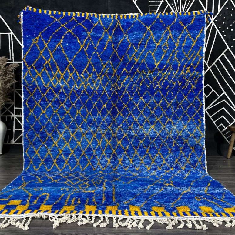 CUSTOM BENIOURAIN CARPET, Moroccan Handmade Rug, Royal Blue And Yellow Rug, Abstract Rug, Handmade Wool Carpet, Berber Rug, Handwoven Rug
