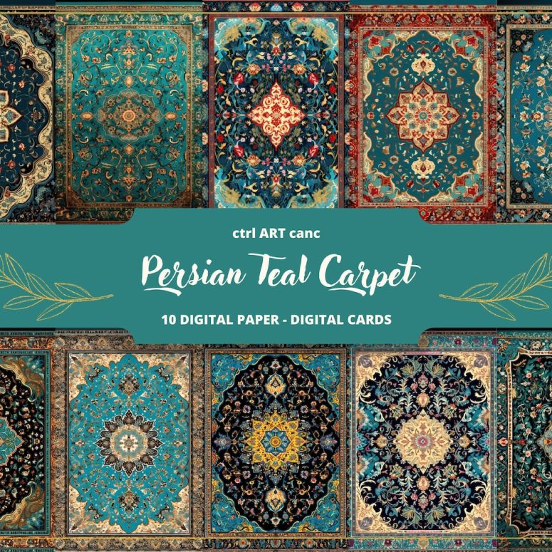 Persian Teal Carpet Printable, Persian Digital Paper, Junk Journal Kit, Journal Pages, Scrapbooking, Junk Journal Supplies, Ephemera