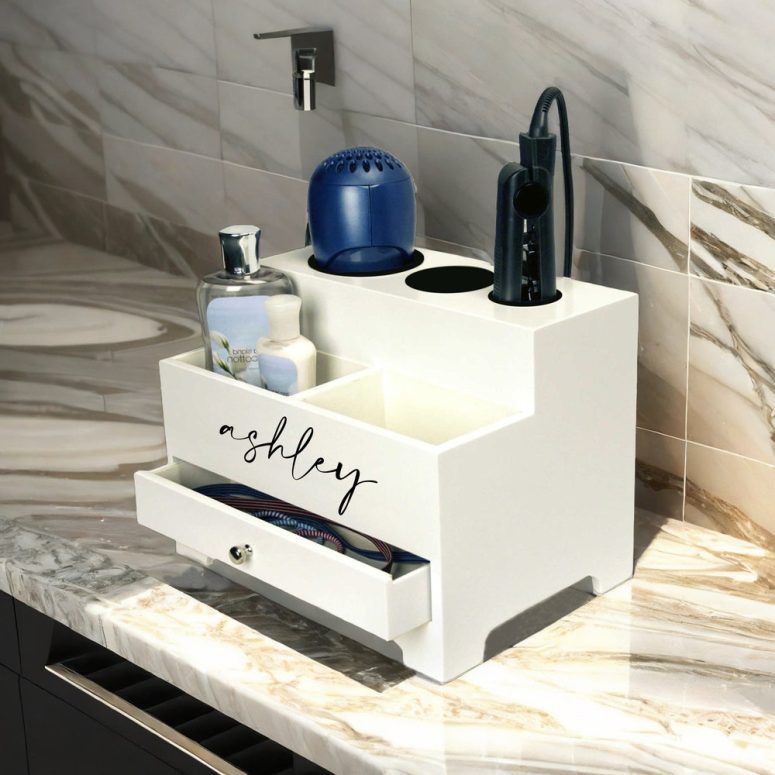 Customizable Hair Styling Station: Organizer for Dryer, Irons & Accessories with Storage Drawer