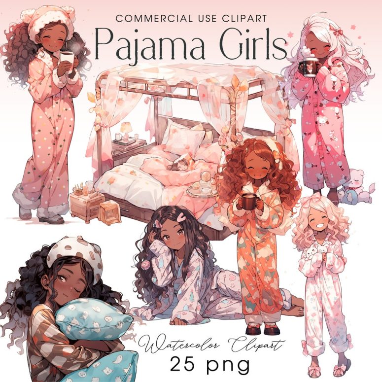 Girls Pajama Clipart & Printables - DIY Kids Nightwear Art, 25 Watercolor Sleepwear Graphics for Pajama Party