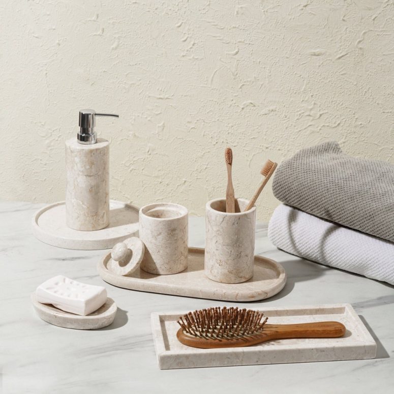 5 pieces Marble bathroom accessories/ Beige Marble Bathroom accessories SET/ Bathroom decoration / Bathroom organisation / Bathroom gift set