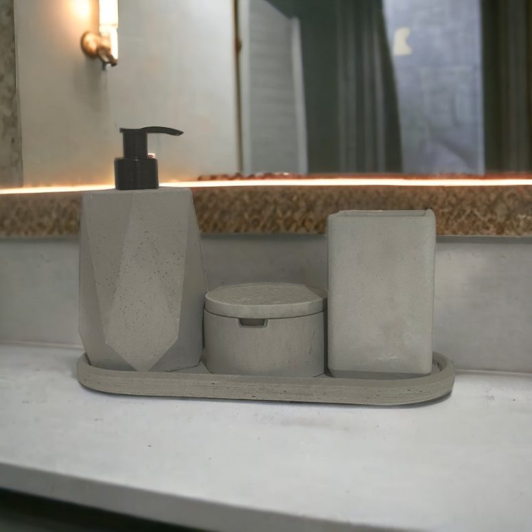 Concrete Bathroom Set, Liquid Soap Dispenser, Small Organizer Lidded Jar, Gray Toothbrush Holder with Tray, Home Decor Gift, Cotton Pad Jar