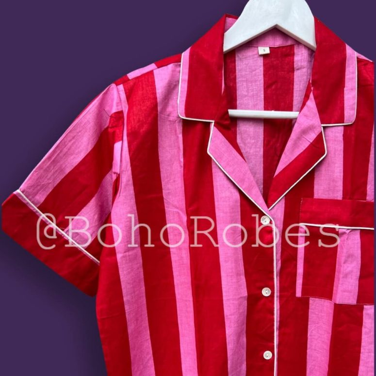 Red & Pink Stripe Cotton Short Pj Set, Bridesmaid Pajamas, Loungewear Set, Women's Pajamas, Nightwear, Gifts For Her