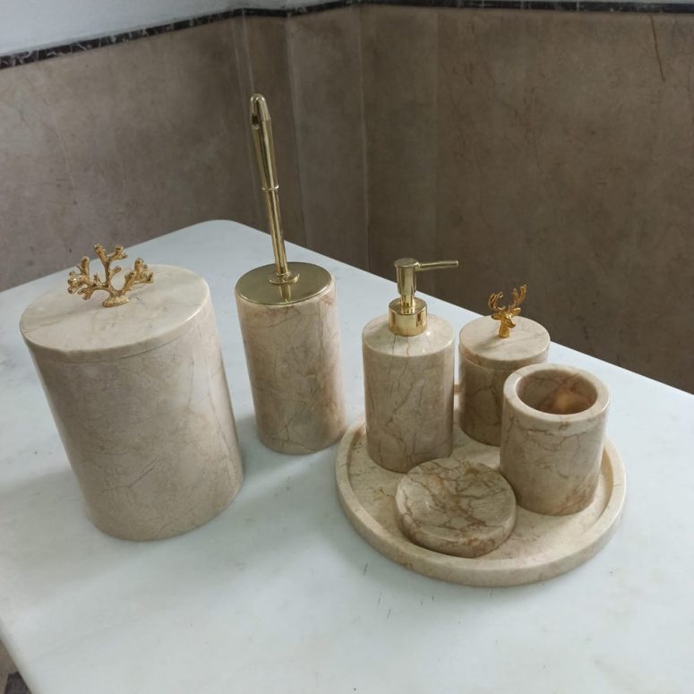 Marble Bathroom Accessory Set Modern, Gold Soap Dish with Pump, Stylish Bath Sink Organizer, Natural Bath Storage, Home Gift for New House