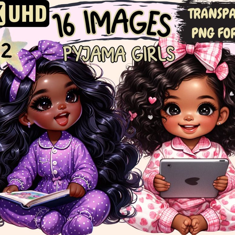 Pyjama Girls (P2) Clipart - 16 PNG Cute Adorable Girl Graphics, Sweet Beautiful Printables,Instant Digital Download,Unlimited Commercial Use