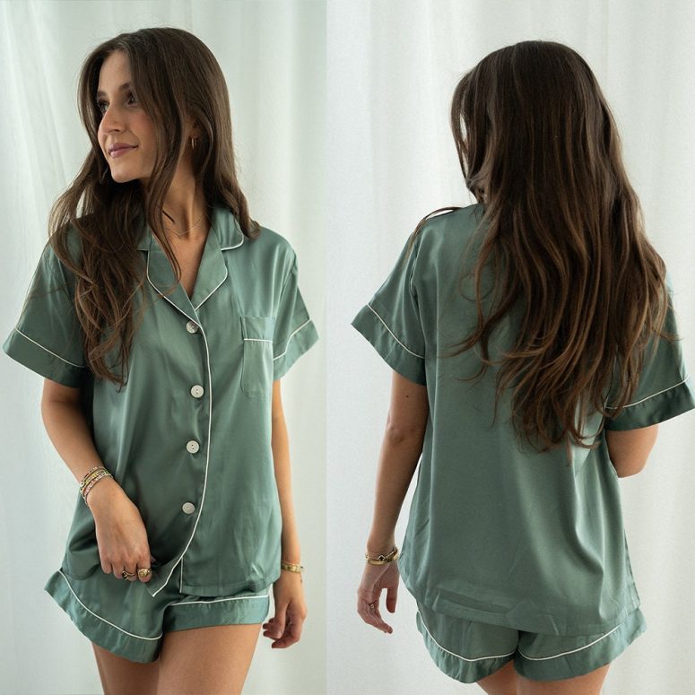 eucalyptus pajamas, custom green pajamas, satin pajamas, pajamas, bridesmaid, bride, birthday pajamas, monogram, women's custom text pajamas