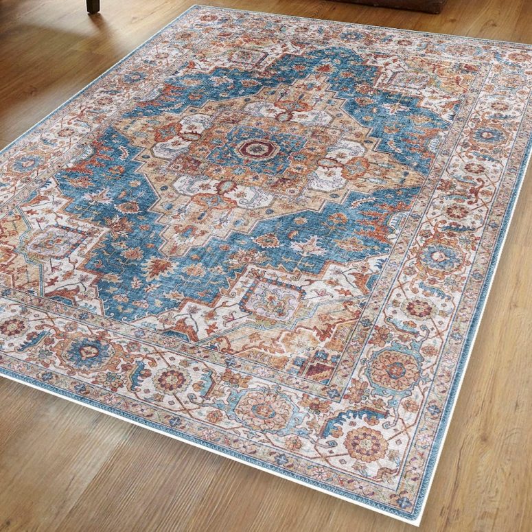 Terracotta Blue Red Persian Style Traditional Rug Washable Stain Resistant Carpet Mat Hallway Rugs for Living Room Area Rug for Bedroom Rugs
