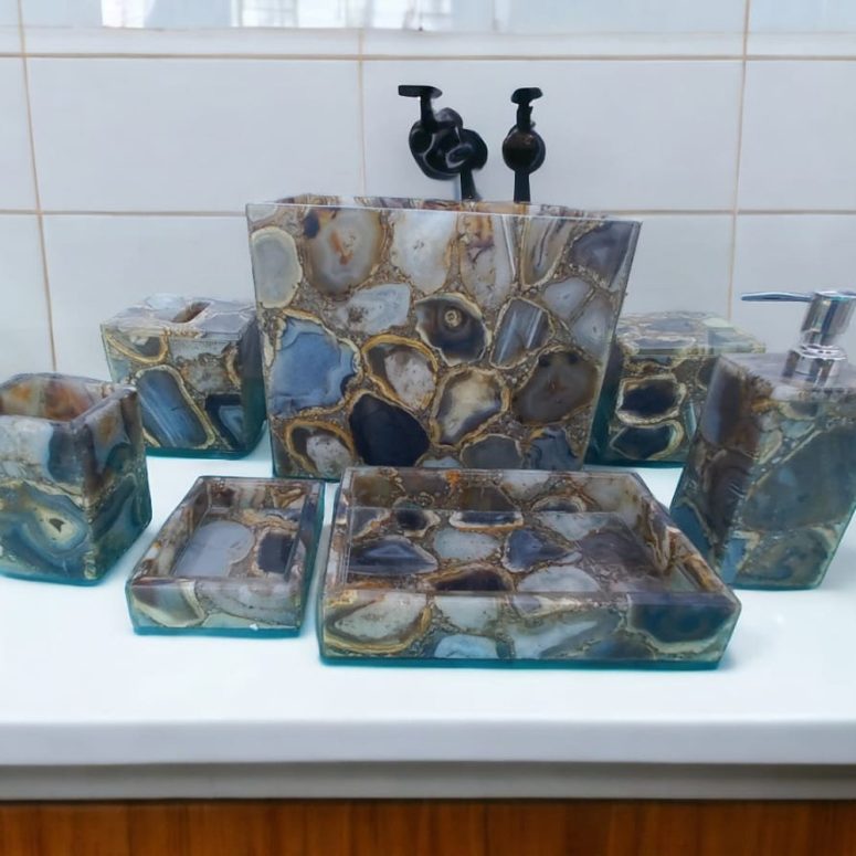 Modern Bathroom Vanity Decor Items, Bath Accessories Set of 7 made of natural brown agate, Stylish Bathroom Decor