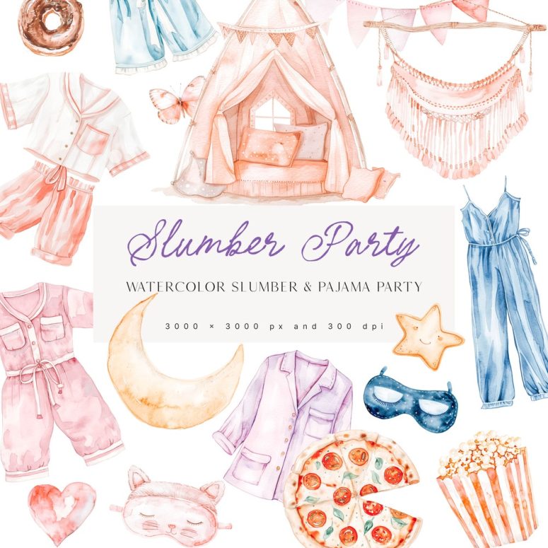 Slumber Party Clipart Set - Pajama Party Clipart - Watercolor Party Clipart - Clipart For Kids - Pajama Clipart - Unlimited Sales License