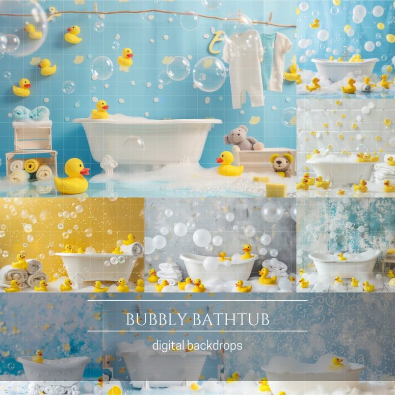 White Bathtub with Soap Bubbles and Yellow Rubber Ducks Digital Backdrops for Children Composite Photography, Studio Backdrop Overlays