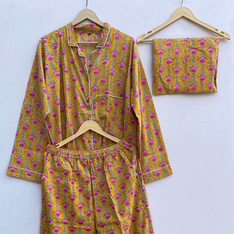 Indian Pj Set Women's Summer Dress Cotton Payjama and Shirt Cotton Pj Set Floral Pj Block Print Night Suit