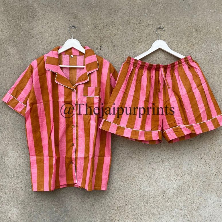 Stripe Print Shorts, Indian Hand Block Print Cotton Pajama Shorts, Beach Wear Pajama, Matching Holiday Pajama Set, Women's PJ Set, Gift Pjs