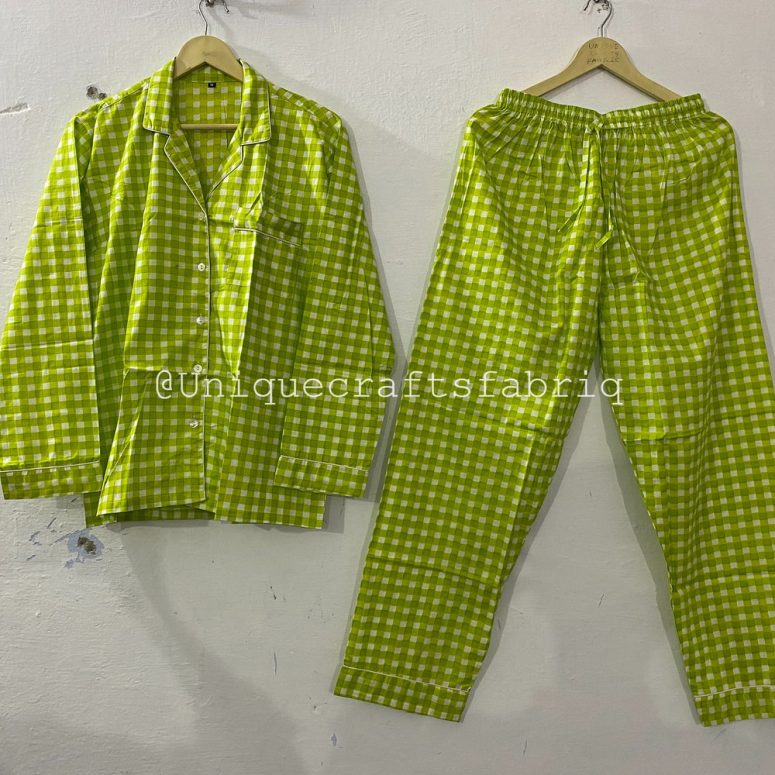 Stylish Gingham Printed Cotton Pajamas Set, Woman's Night Dress, Handmade Pj's Set For Girl's, Bridesmaid Cotton Pj's Set