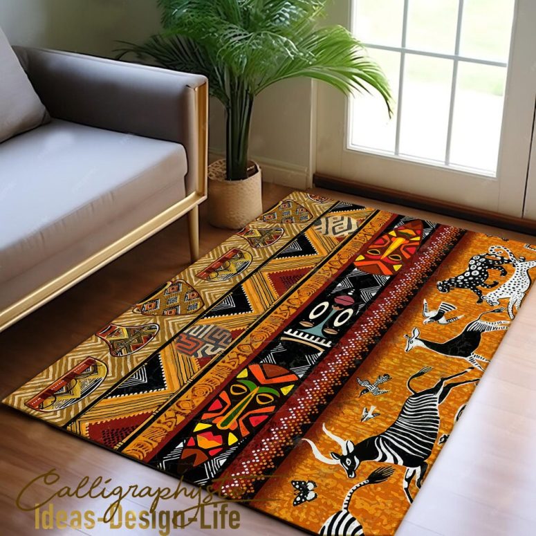 Savannah Area Rug|African Runner|Afrocentric Non Slip Carpet|Safari Ethnic Floor Art|Machine Washable Carpet|Brown Mat