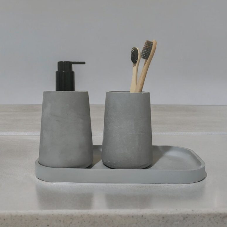 Concrete Bathroom Sink Accessories, Natural Bathroom Set with Tray, Cement Soap Dispenser Pump, Toothbrush Holder, Unique New Home Gift Idea
