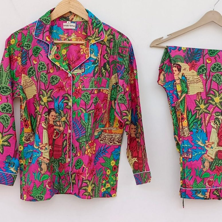 Pink Frida khalo Pj Set, Cotton Pajama Set, Night Wear, Bridesmaid Pajama Set, Lounge Set, Pj Set, Cotton Dress, Gift For Her