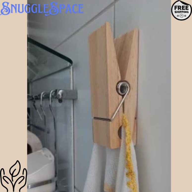 Wooden Giant Clothespin Towel Holder | Wall Mounted Bathroom Towel Clip | Rustic Style Large Hook | Perfect for Rural Decor
