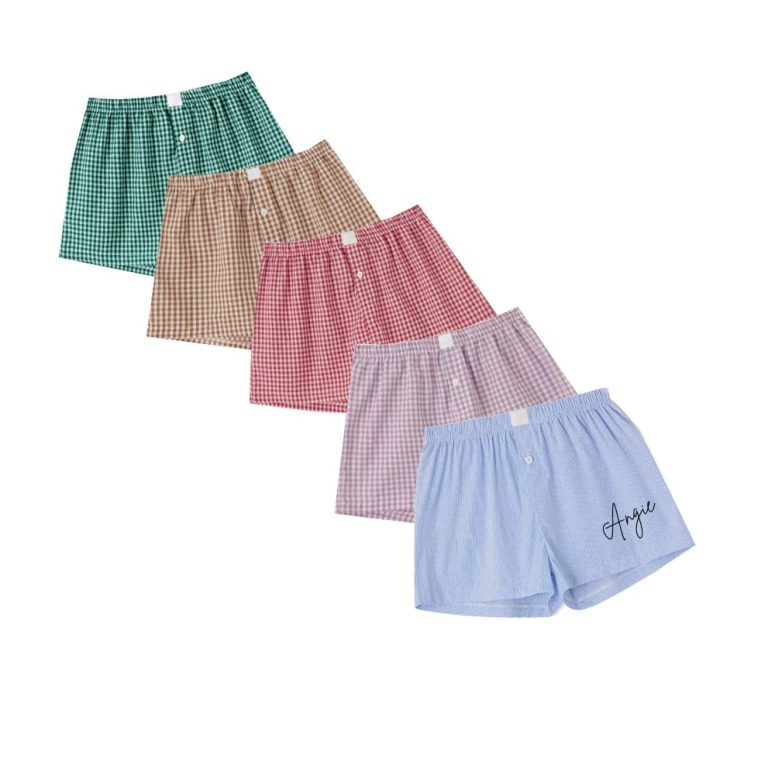 Personalized Womens Boxer Shorts, Custom Text Checkered Lounge Shorts, Bachelorette Party Sleepover Sleep Shorts, Business Logo Check Print
