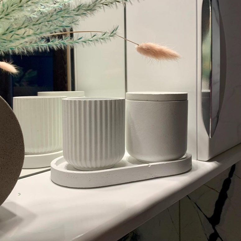 Bathroom Organizers Set  White Bathroom Accessories Storage for Q-Tips, Cotton Buds Bathroom Decor Lidded Jars Concrete Toothbrush Holder