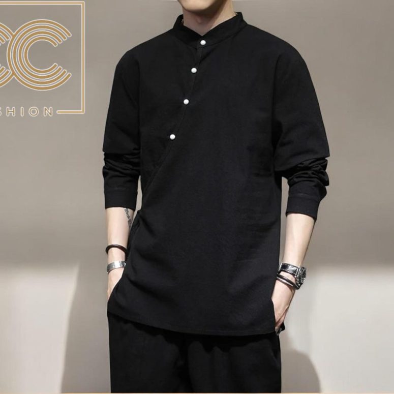 Men's Long Sleeve Shirt | Fashionable Stand-Up Collar | Plain Buttoned Attire