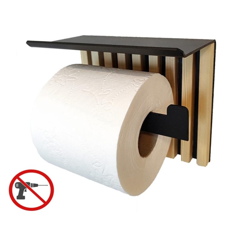 Metal & Wood Toilet Paper holder, Minimalist Bathroom Shelf, Metal Decor, Installation without drilling, Toilet Paper hanger, Wooden slats