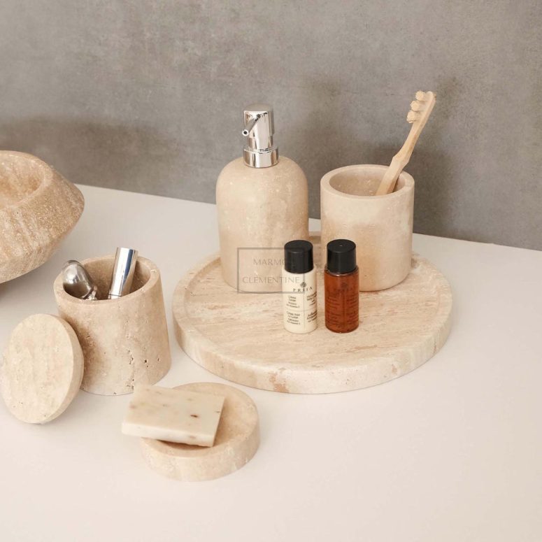 Natural Marble Bathroom Set,5 Pieces,Travertine bathroom Set,Travertine Soap Dispenser,Soap Dish,Tray, Toothbrush Holder,Marble Bathroom Set