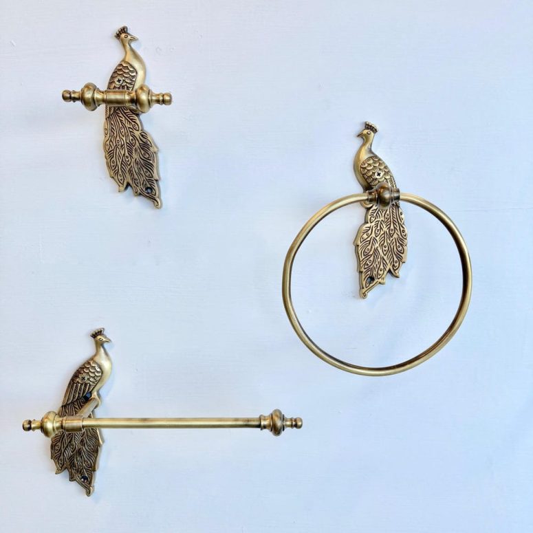 Antique Brass Bathroom Accessories Set Toilet Paper Holder Towel Ring Wall Hook Toilet Roll Holder Peacock Bathroom Decor Bathroom Hardware