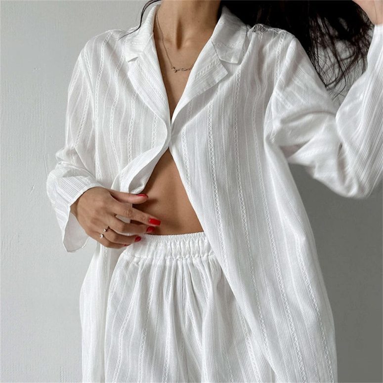 Cotton Loose-fitting Pajama Set,White Long-Sleeve Shorts Pajama Set,Cotton Party Pajamas Loungewear, Fashionable Women's Pajamas