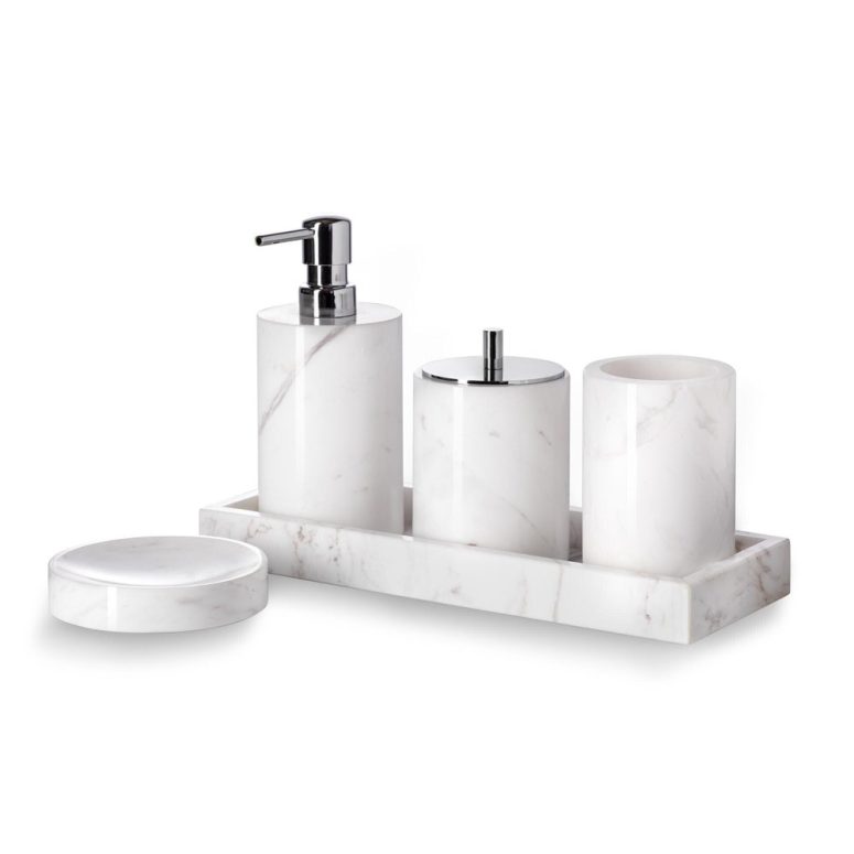 Luxury White Marble Bathroom Set with Tray, Natural White Marble Bathroom Set - 5 Piece Set, Natural Marble Home Decor