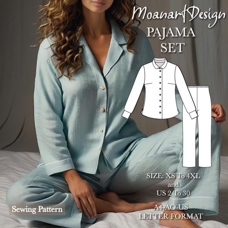 Pajama set sewing pattern, silk pajama set pattern, woman bridesmaid custom pajama sewing pattern, A0 A4 USLetter Format-Size:US 2 to 30