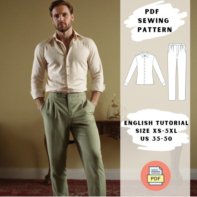 Classic Men's Shirt and Pants Set PDF Sewing Pattern- Elegant Formal Wear for Men - Cotton Shirt & Tailored Pants - Business Casual Outfit