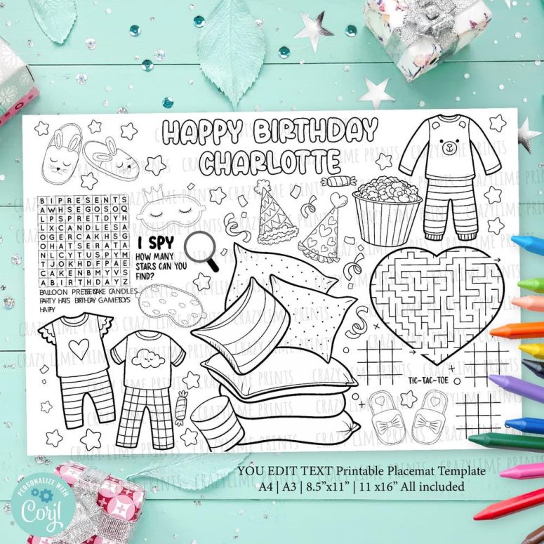 EDITABLE Pajama Slumber Birthday Party Placemat. Sleepover Party Personalised Name Coloring & Game Table Decoration Printable File DIY K150