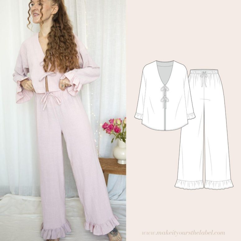 Ruffle Pajama Set PDF Sewing Pattern | Front Tie Blouse and High Waist Pants / Shorts | 12 sizes - English