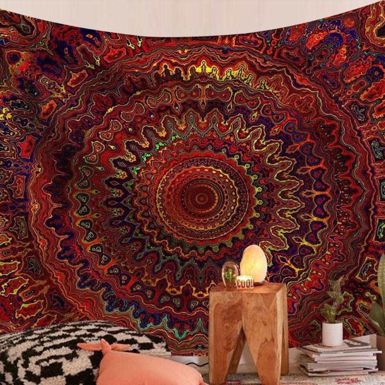 Mandala Wall Hangings Red Green Fire Blue Blossom Bohemian Peacock Bohemian Fractal Pattern Indian Boho Hippie Gypsy Wall Carpet Tapestry