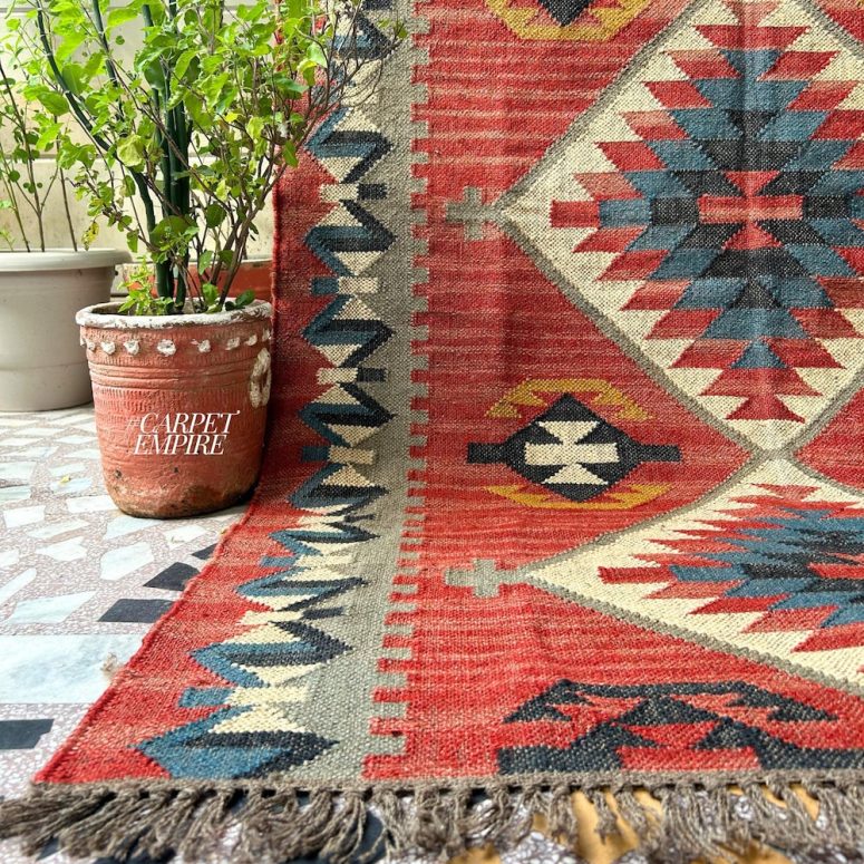 Red Peruvian Rug - Handmade Vintage Kilim Motif Runner - Indian Moroccan Fusion Dhurrie - Red Southwestern Native Navajo Jaipur Runner Rug