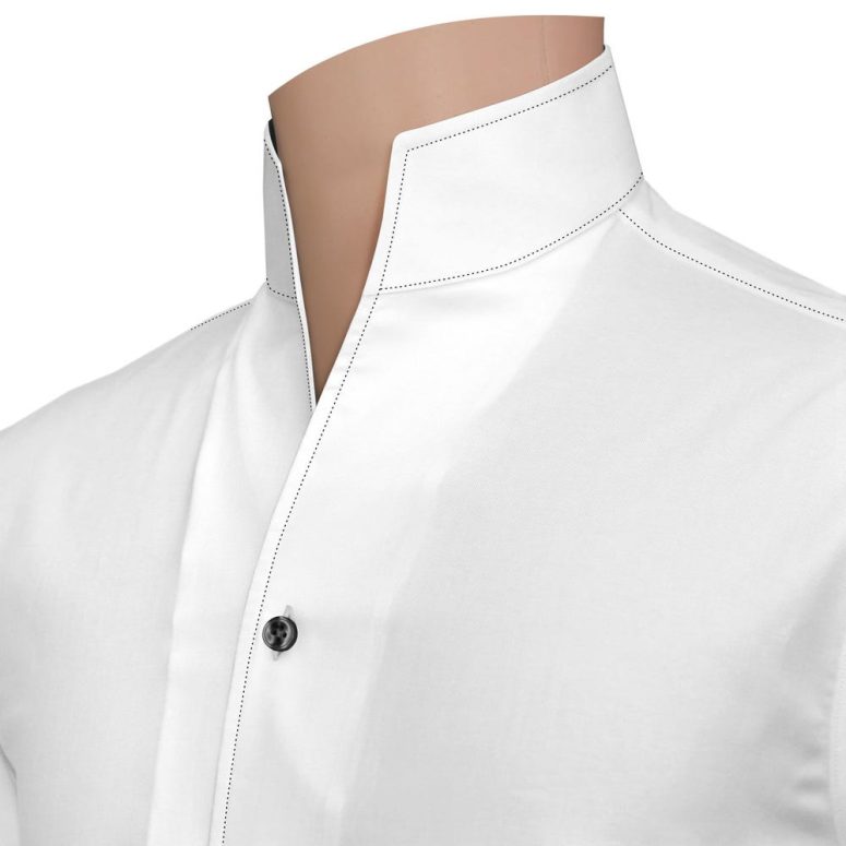 White Formal Business Wear Dress Shirt Stand Up High Open Collar Men's 100% Cotton Tall V Neck High Collar Custom Made Office Wear Shirt