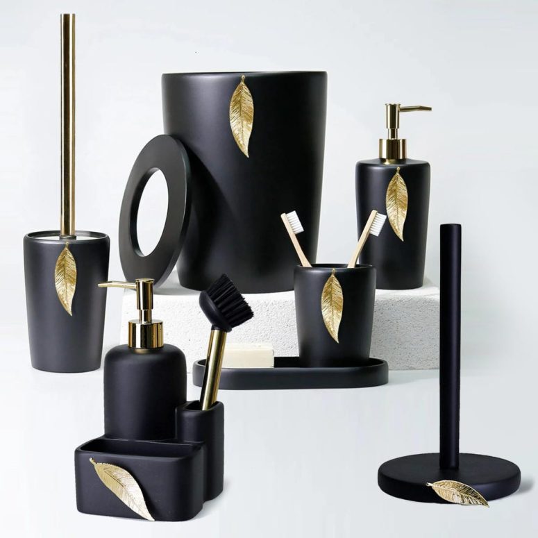 Leaf Bathroom Set in Black/Gold Colors / Trash Can, Toilet Brush, Soap Dish, Sponge Holder, Paper Towel Holder, Toothbrush Holder, Tray